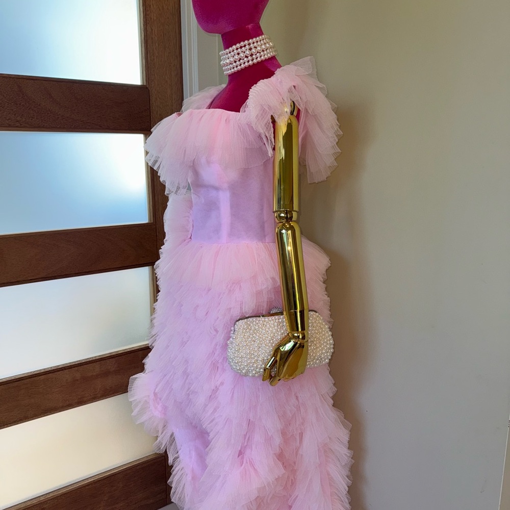 Pink Ruffled Off the Shoulder Prom
Dress with High Slit!  💗 - Picture 11 of 16